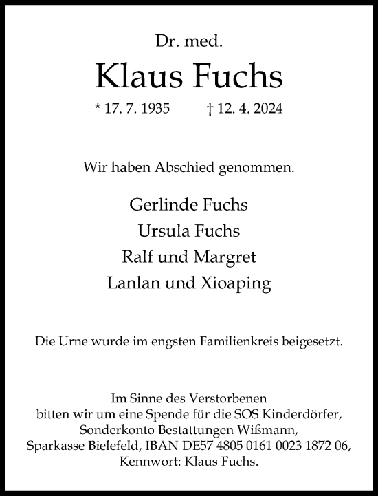 Traueranzeige von Klaus Fuchs von Neue Westfälische