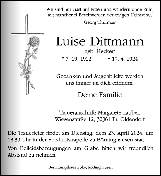 Traueranzeige von Luise Dittmann von Neue Westfälische
