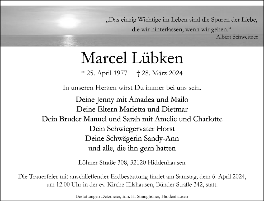  Traueranzeige für Marcel Lübken vom 03.04.2024 aus Neue Westfälische