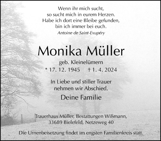 Traueranzeige von Monika Müller von Neue Westfälische