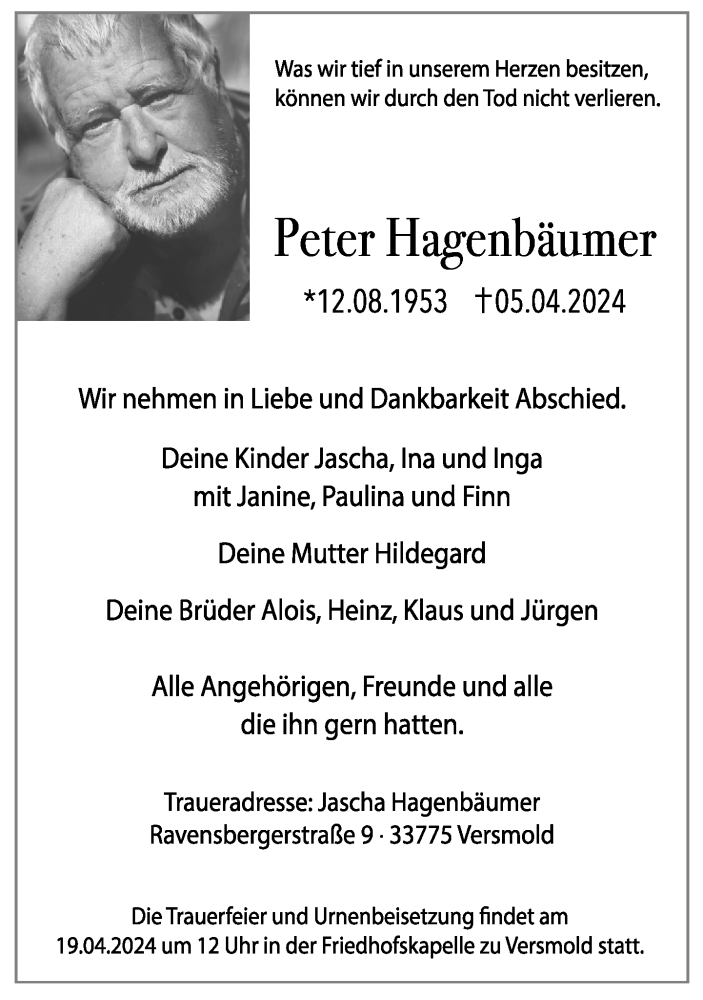  Traueranzeige für Peter Hagenbäumer vom 12.04.2024 aus Neue Westfälische
