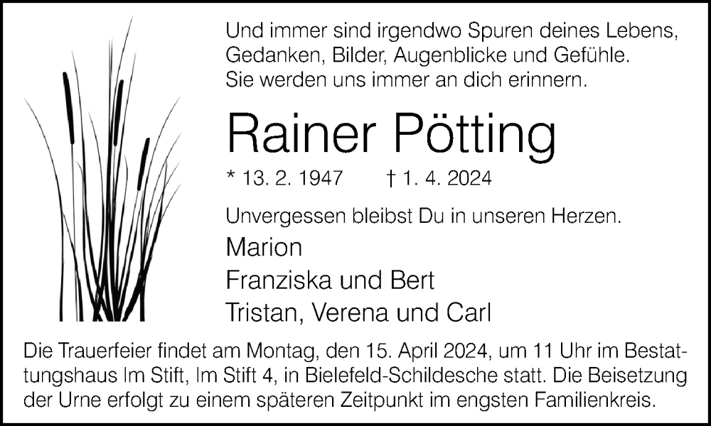  Traueranzeige für Rainer Pötting vom 06.04.2024 aus Neue Westfälische
