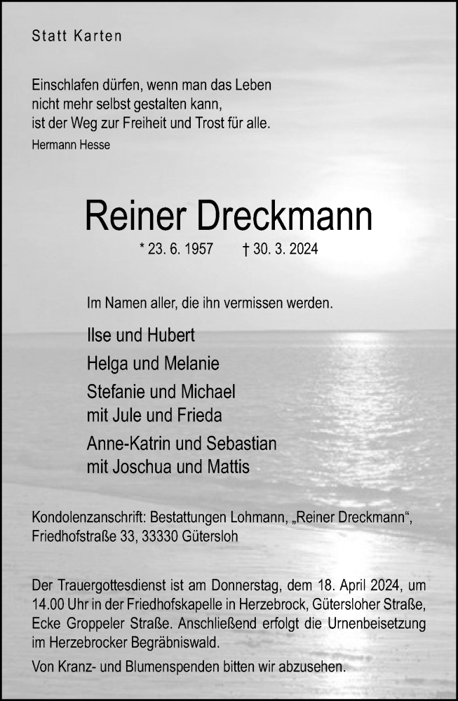  Traueranzeige für Reiner Dreckmann vom 06.04.2024 aus Neue Westfälische