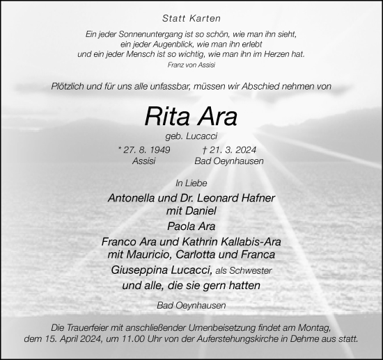 Traueranzeige von Rita Ara von Neue Westfälische