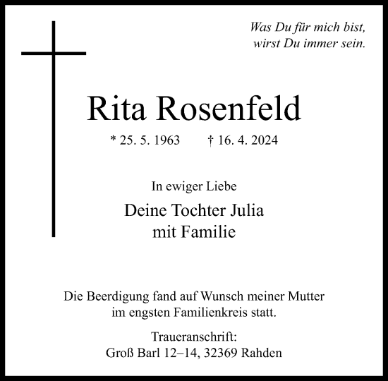Traueranzeige von Rita Rosenfeld von Neue Westfälische