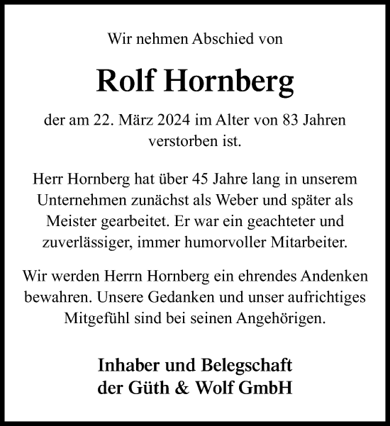 Traueranzeige von Rolf Hornberg von Neue Westfälische