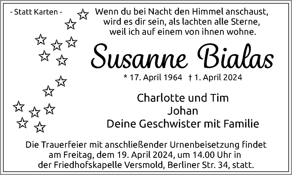  Traueranzeige für Susanne Bialas vom 13.04.2024 aus Neue Westfälische