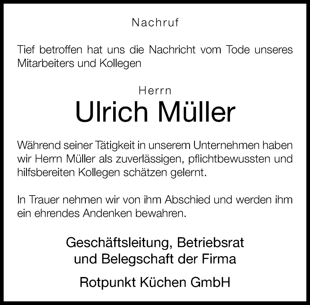  Traueranzeige für Ulrich Müller vom 13.04.2024 aus Neue Westfälische
