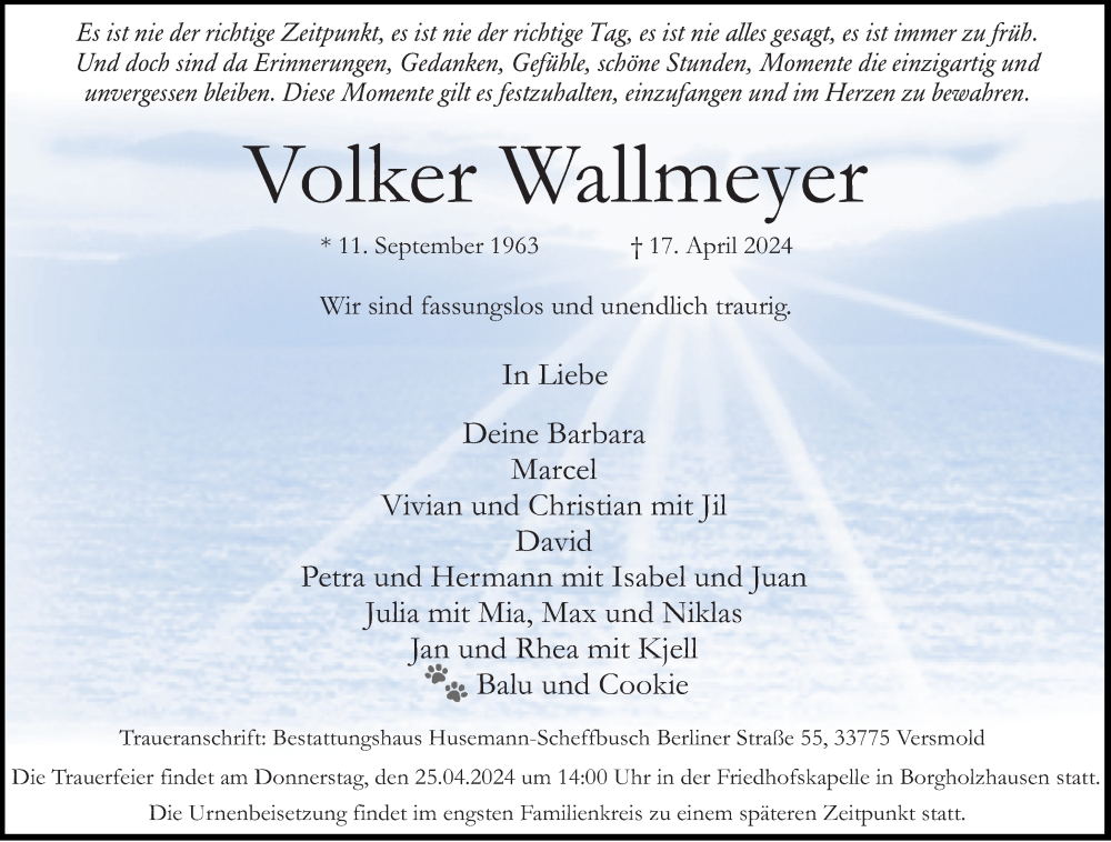  Traueranzeige für Volker Wallmeyer vom 20.04.2024 aus Neue Westfälische
