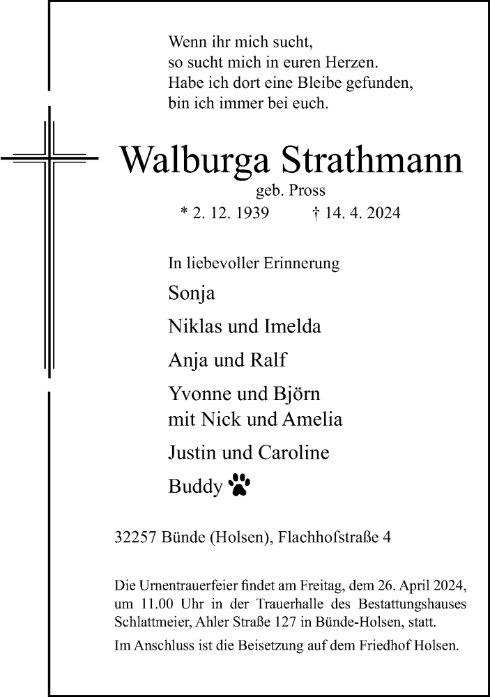  Traueranzeige für Walburga Strathmann vom 20.04.2024 aus Neue Westfälische