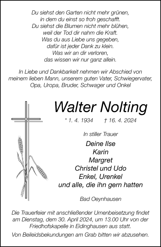 Traueranzeige von Walter Nolting