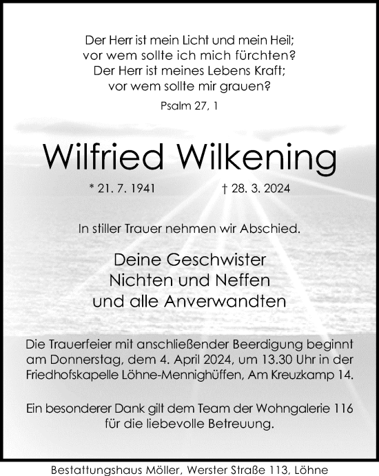 Traueranzeige von Wilfried Wilkening von Neue Westfälische