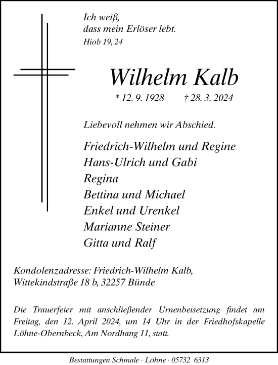 Traueranzeige von Wilhelm Kalb von Neue Westfälische