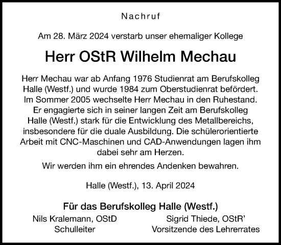Traueranzeige von Wilhelm Mechau von Neue Westfälische