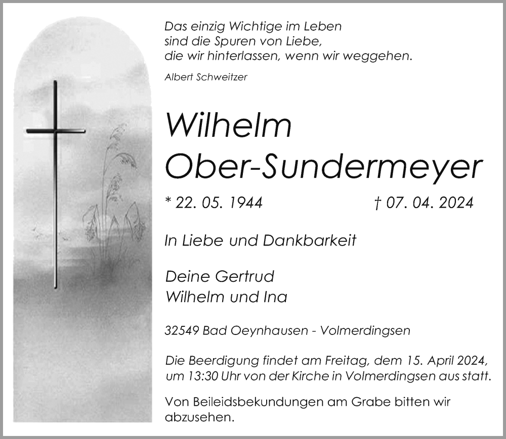  Traueranzeige für Wilhelm Ober-Sundermeyer vom 10.04.2024 aus Neue Westfälische