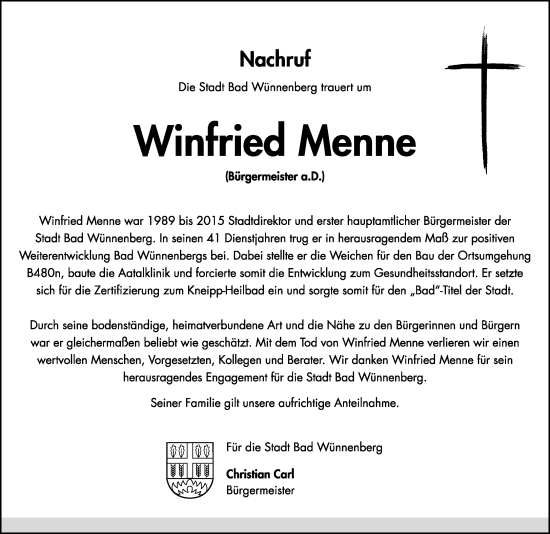 Traueranzeige von Winfried Menne von Neue Westfälische