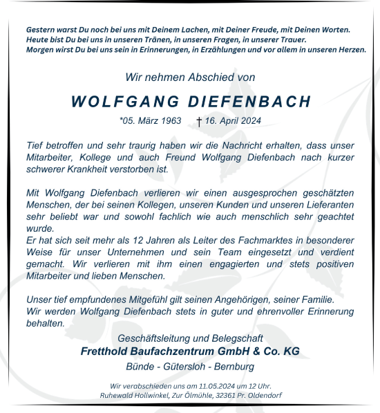 Traueranzeige von Wolfgang Diefenbach von Neue Westfälische