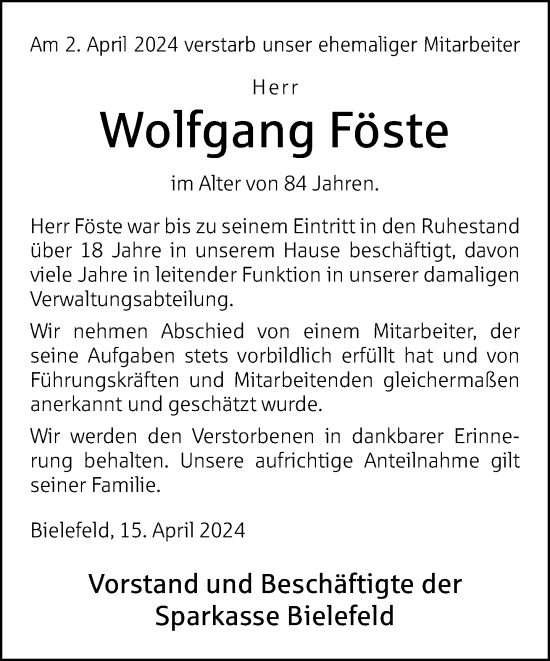 Traueranzeige von Wolfgang Föste von Neue Westfälische