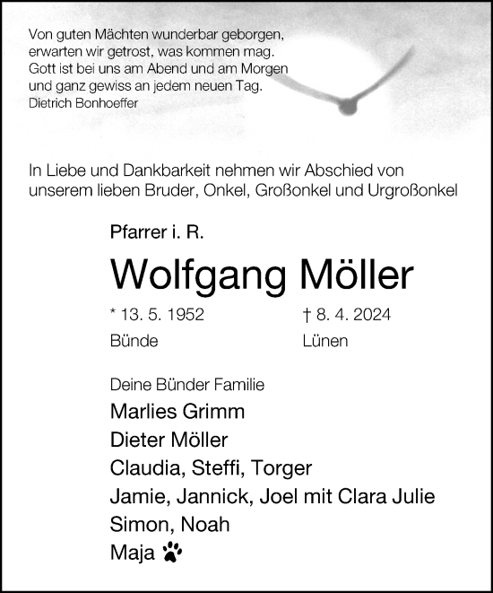 Traueranzeige von Wolfgang Möller von Neue Westfälische