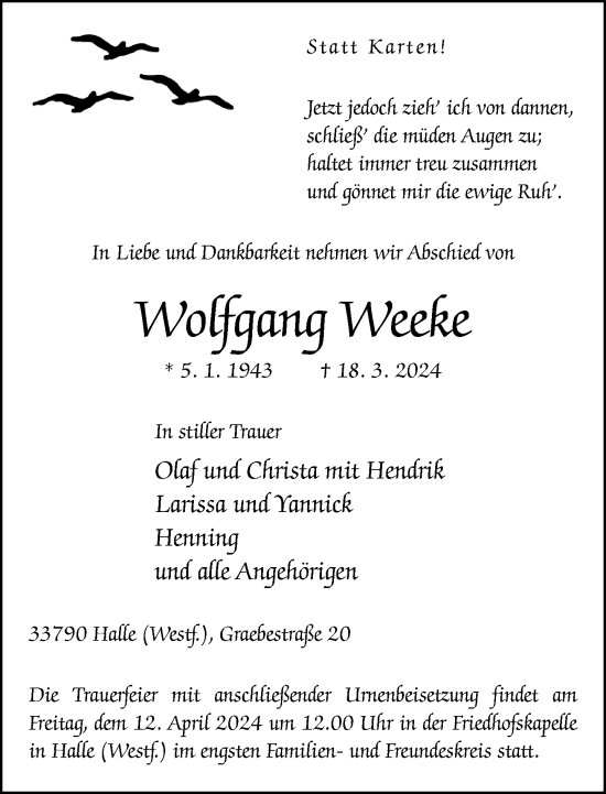 Traueranzeige von Wolfgang Weeke von Neue Westfälische