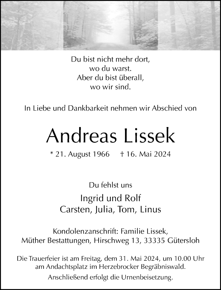  Traueranzeige für Andreas Lissek vom 25.05.2024 aus Neue Westfälische