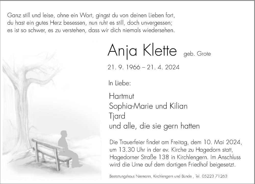  Traueranzeige für Anja Klette vom 01.05.2024 aus Neue Westfälische