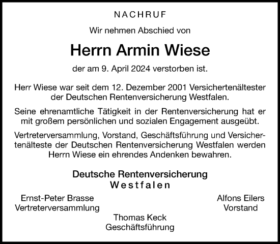 Traueranzeige von Armin Wiese von Neue Westfälische