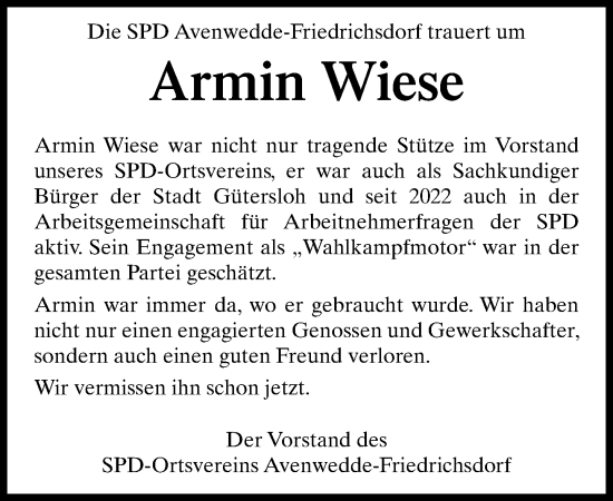 Traueranzeige von Armin Wiese von Neue Westfälische