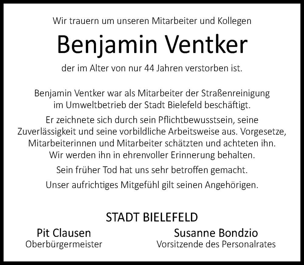  Traueranzeige für Benjamin Ventker vom 06.05.2024 aus Neue Westfälische