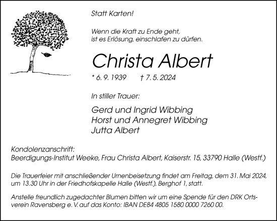 Traueranzeige von Christa Albert von Neue Westfälische