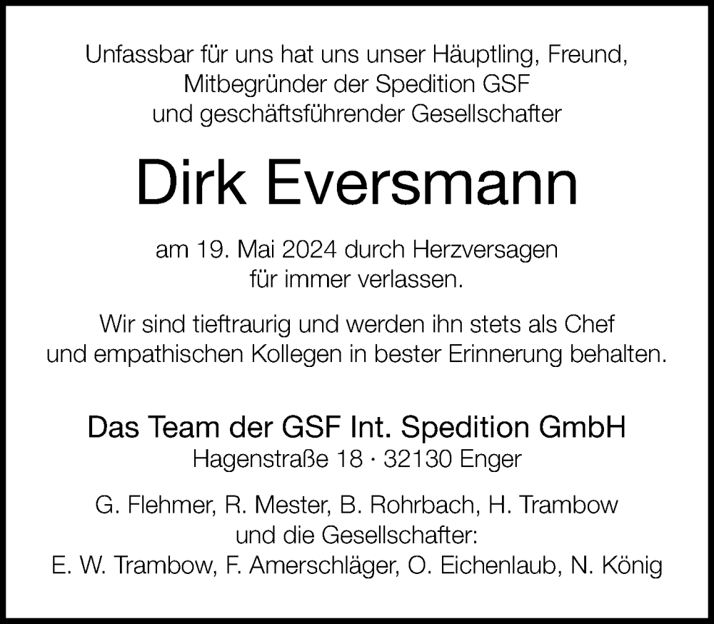  Traueranzeige für Dirk Eversmann vom 25.05.2024 aus Neue Westfälische