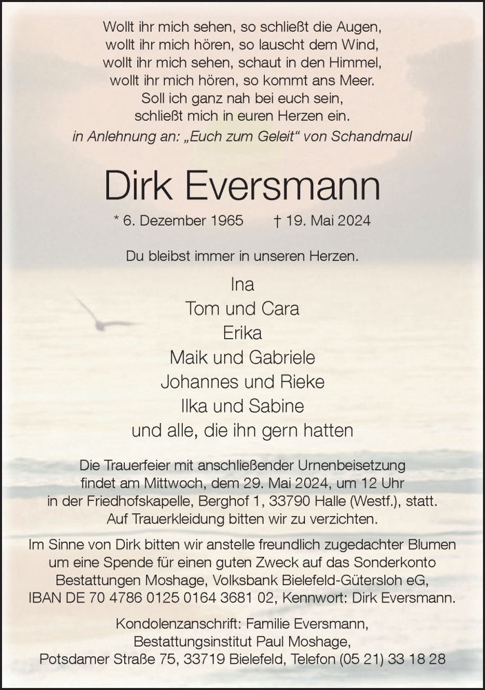  Traueranzeige für Dirk Eversmann vom 25.05.2024 aus Neue Westfälische