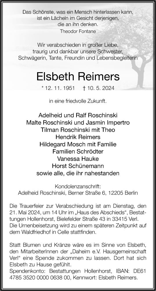 Traueranzeige von Elsbeth Reimers von Neue Westfälische