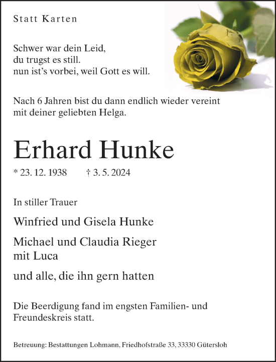 Traueranzeige von Erhard Hunke von Neue Westfälische