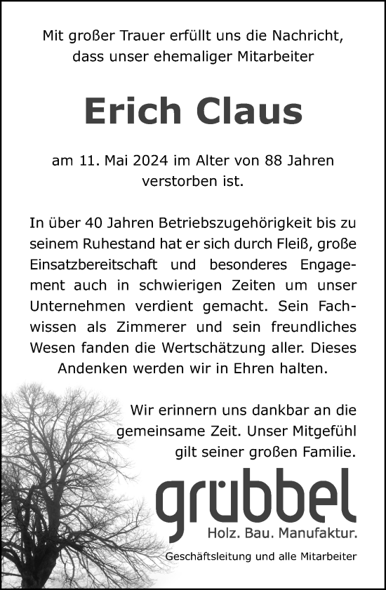 Traueranzeige von Erich Claus von Neue Westfälische