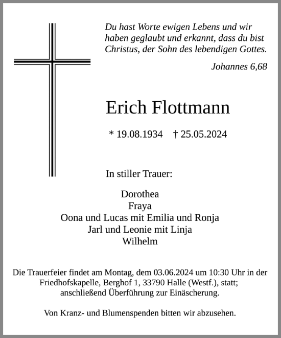 Traueranzeige von Erich Flottmann von Neue Westfälische