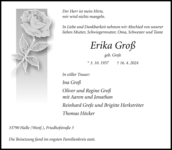 Traueranzeige von Erika Groß von Neue Westfälische