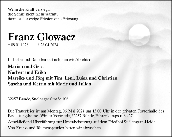 Traueranzeige von Franz Glowacz von Neue Westfälische