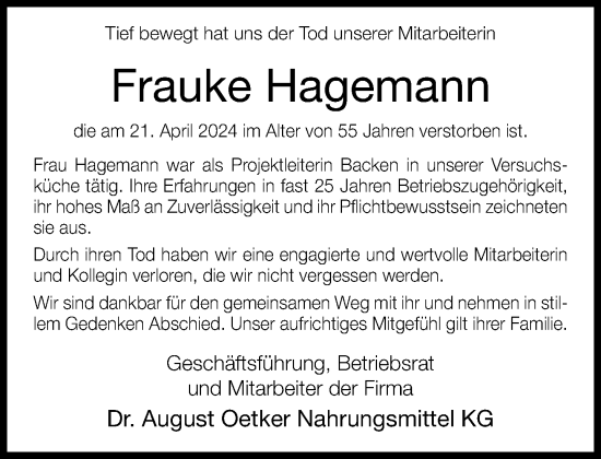 Traueranzeige von Frauke Hagemann von Neue Westfälische
