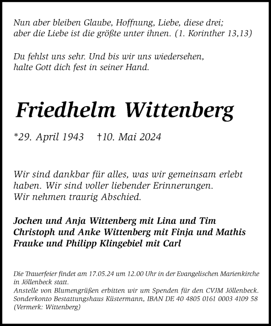 Traueranzeige von Friedhelm Wittenberg von Neue Westfälische