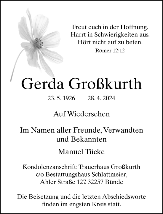 Traueranzeige von Gerda Großkurth von Neue Westfälische