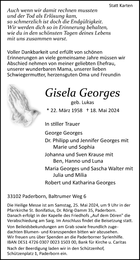 Traueranzeige von Gisela Georges von Neue Westfälische