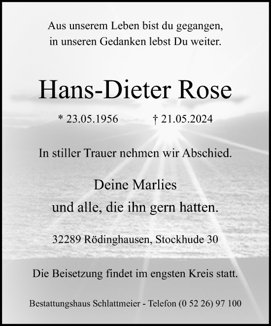 Traueranzeige von Hans-Dieter Rose von Neue Westfälische