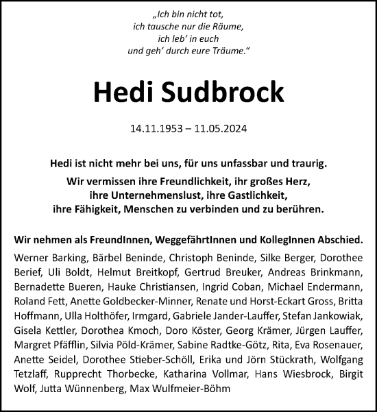 Traueranzeige von Hedi Sudbrock von Neue Westfälische
