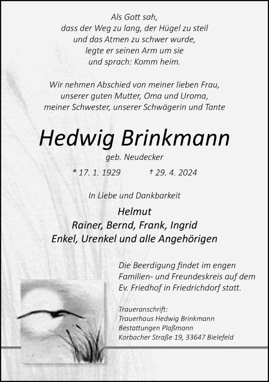 Traueranzeige von Hedwig Brinkmann von Neue Westfälische