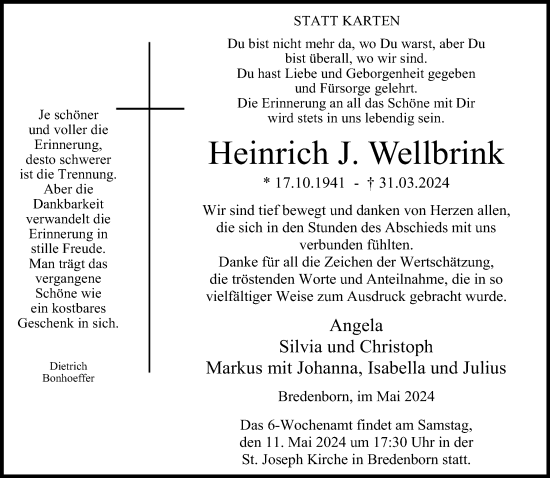 Traueranzeige von Heinrich J. Wellbrink von Neue Westfälische