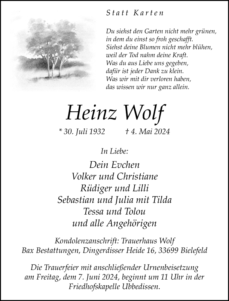  Traueranzeige für Heinz Wolf vom 11.05.2024 aus Neue Westfälische