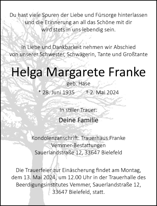 Traueranzeige von Helga Margarete Franke von Neue Westfälische