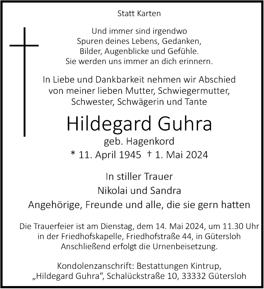  Traueranzeige für Hildegard Guhra vom 07.05.2024 aus Neue Westfälische