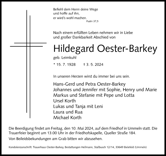Traueranzeige von Hildegard Oester-Barkey von Neue Westfälische